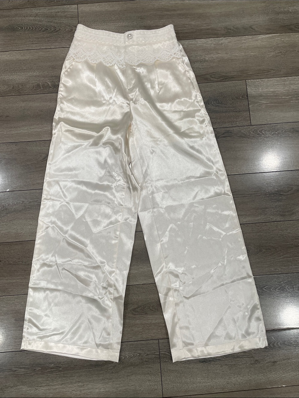 RIHOAS Ivory Satin like Wide-Leg Trousers with Lace Waistband